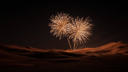 Stunning fireworks burst over a serene desert landscape, creating a captivating display of light and color against a dark night sky, perfect for celebration imagery.の素材