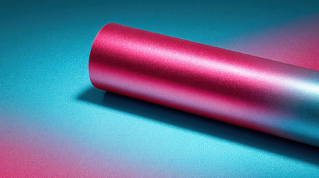This image depicts a vibrant metallic foil roll resting on a smooth blue and pink background, showcasing a rich texture and reflective surface, ideal for creative projects.の素材