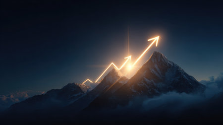 This stunning mountain landscape captures the essence of growth and ambition, featuring a vibrant sunset and rising arrows that symbolize progress.の素材