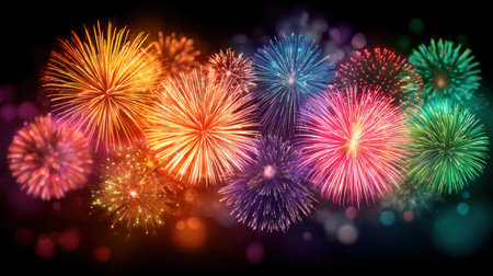 A stunning display of colorful fireworks bursting in the night sky, showcasing vibrant patterns and bright colors that evoke celebration and joy.の素材