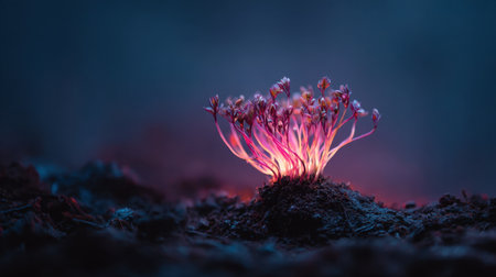 Experience the enchanting beauty of tiny flowers illuminating a dark soil backdrop, creating a mystical and serene atmosphere in nature.の素材