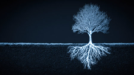 An ethereal depiction of a tree with glowing roots, symbolizing the connection between earth and sky. Perfect for concepts of growth, nature, and tranquility.の素材