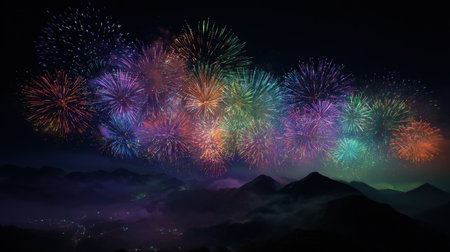 Explosive fireworks light up the dark sky, creating a vibrant display over serene mountains and a tranquil valley, capturing a magical evening atmosphere.の素材
