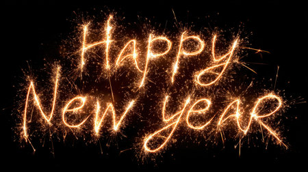 A dazzling display of sparkler writing that forms the phrase "Happy New Year," creating a vibrant and festive atmosphere for welcoming the new year.の素材