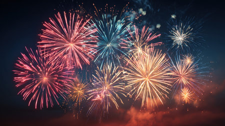 A stunning array of vibrant fireworks fills the night sky, creating an explosive celebration of light and color perfect for festive occasions.の素材