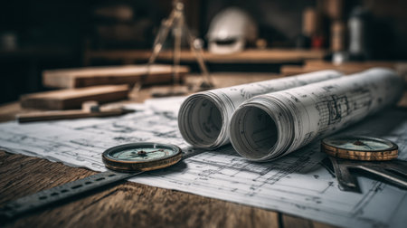 A captivating image showcasing detailed architectural blueprints and drafting tools like a compass and ruler on a wooden table in a workshop setting. Perfect for design and engineering themes.の素材