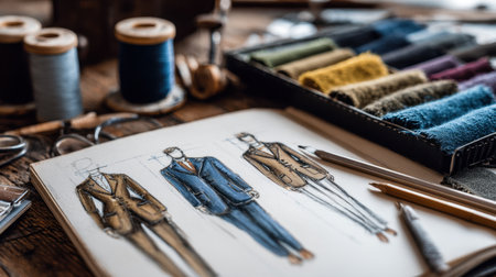 A detailed view of a tailor's workspace featuring suit sketches, vibrant fabrics, and essential tools, showcasing the art of fashion design and creativity.の素材
