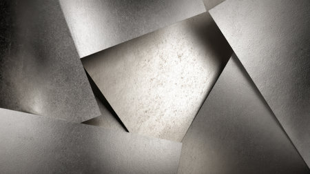 This abstract image features a dynamic arrangement of metallic sheets showcasing textured surfaces and reflective qualities, perfect for modern design projects.の素材