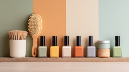 A visually appealing arrangement featuring nail polish bottles in soft pastel shades, along with beauty tools on a clean wooden shelf, perfect for beauty enthusiasts.の素材