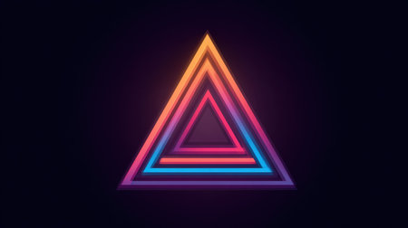 This striking neon triangle design features vibrant gradient colors against a dark background, embodying modern art and technology themes. Perfect for creative projects.の素材