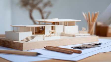 This image showcases a finely crafted architectural scale model of a modern house, accompanied by design tools on a workspace table.の素材