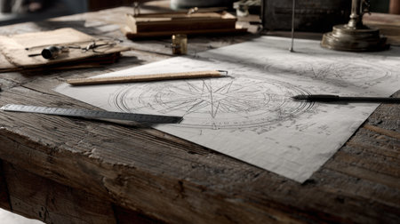 A detailed compass design rests on a rustic wood table, surrounded by stationery and vintage tools, showcasing a creative and inspiring workspace.の素材