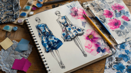 A vibrant workspace showcasing fashion design sketches featuring floral patterns, surrounded by artistic materials like colors and textures.の素材