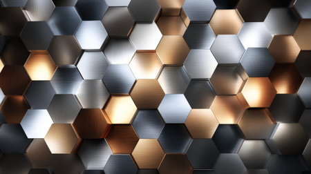 Explore a mesmerizing abstract pattern of hexagons featuring metallic surfaces in silver, gold, and copper tones, perfect for modern design elements.の素材