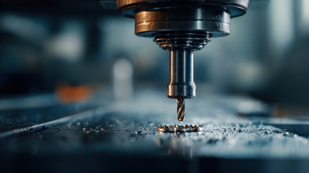 A close-up view of a CNC milling machine in action, showcasing the cutting process on a metal workpiece in a modern industrial workshop environment.の素材