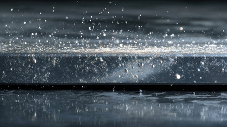 A mesmerizing close-up captures the beauty of water droplets splashing against a smooth surface, showcasing intricate patterns and textures of nature.の素材