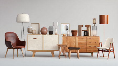 This image features a thoughtfully arranged collection of modern Scandinavian furniture and decor elements, showcasing neutral tones, clean lines, and natural textures, making it perfect for interior design inspiration.の素材