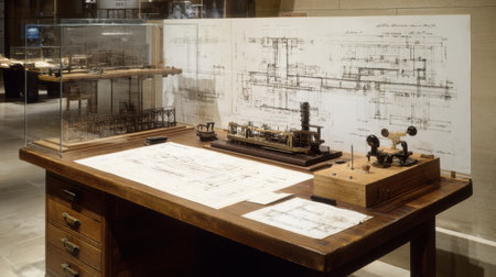 A meticulously arranged wooden table showcases intricate engineering models alongside detailed blueprints, reflecting innovation and craftsmanship in a modern workspace.の素材
