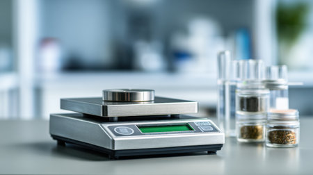 A sleek digital kitchen scale featuring a stainless steel weighing platform and adjacent spice jars, ideal for precise measurements in cooking and baking.の素材