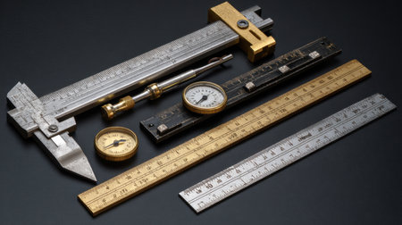 A carefully arranged collection of vintage measuring tools, including a caliper, ruler, and gauge, showcasing precision and craftsmanship against a dark background.の素材