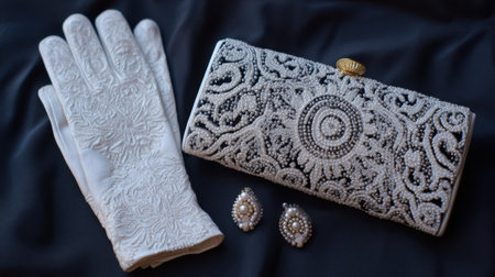 This stunning arrangement features elegant white gloves, a richly embellished clutch, and exquisite earrings, perfect for formal occasions and fashion enthusiasts.の素材