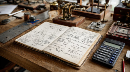 A vintage workshop scene featuring an open notebook filled with handwritten notes and calculations alongside various mechanical tools. The wooden table exudes creativity and inspiration, capturing the essence of craftsmanship and design.の素材