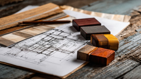 A rustic wooden desk features a detailed architectural blueprint alongside colorful wooden samples, showcasing the essence of design and craftsmanship.の素材