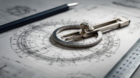 This image showcases precision drawing tools, including a compass and ruler, placed on a detailed blueprint. Ideal for themes of engineering, design, and technical analysis.の素材