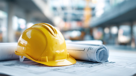 A yellow hard hat rests on a rolled-up set of blueprints, symbolizing safety and planning within a construction environment, highlighted by soft lighting.の素材