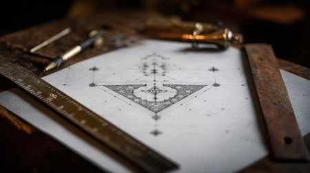 This image captures a detailed architectural blueprint showcasing a unique geometric design. Surrounded by vintage drawing tools, it reflects artistry and craftsmanship in a creative workspace. Perfect for design-related projects and inspiration.の素材