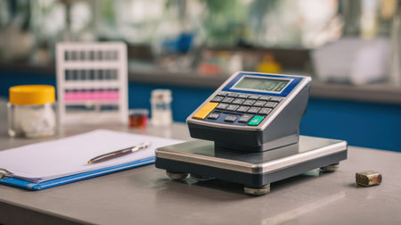 A digital weighing scale placed on a modern laboratory table, surrounded by test tubes, a clipboard, and a pen, illustrating a scientific workspace.の素材