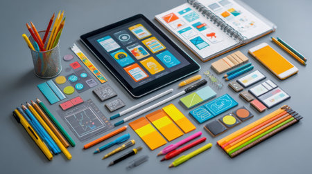 A vibrant array of office supplies and digital tools laid out on a workspace, perfect for creative projects and productive brainstorming sessions.の素材