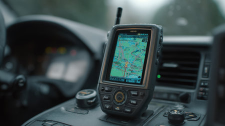 A close-up view of a handheld GPS device mounted on a vehicle's dashboard, displaying a detailed map and navigation route in an outdoor environment.の素材