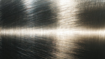 This image showcases a detailed close-up of a polished metal surface, highlighting its shiny texture and intricate light reflections. The smooth finish creates a contemporary and elegant background for various creative projects.の素材