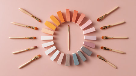 This image features a captivating arrangement of color palettes and makeup brushes, set against a soft pink background. Ideal for beauty and art projects.の素材