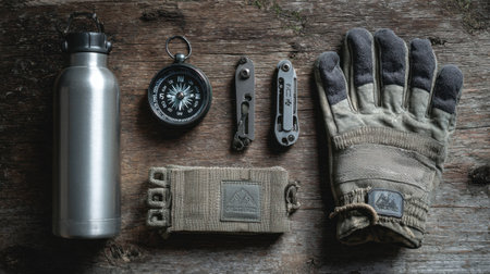 A detailed arrangement of essential adventure gear featuring a water bottle, compass, glove, and multi-tools laid out on a rustic wooden surface. Perfect for exploring.の素材
