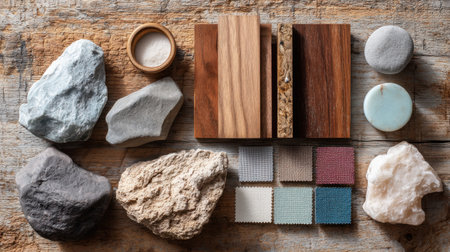 A captivating arrangement of natural elements featuring stones, wood pieces, and fabric samples ideal for interior design inspiration and creative decoration.の素材