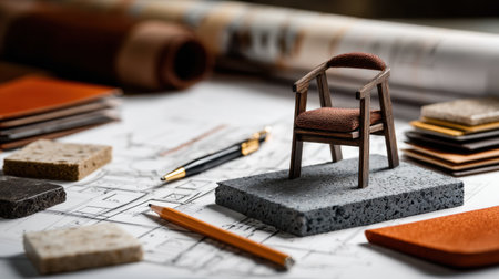 This image features a detailed miniature chair model showcased on architectural plans surrounded by texture samples, highlighting design creativity and inspiration.の素材