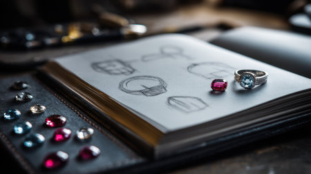 A stunning display of a beautiful ring surrounded by colorful gemstones on a sketchbook, illustrating the elegant craftsmanship and artistic creativity in jewelry design.の素材