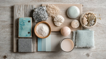 An artistic arrangement of natural materials, showcasing a serene aesthetic with ocean-inspired textures perfect for home decor and design inspiration.の素材