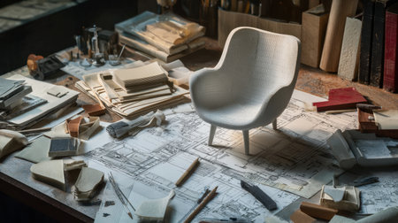 A creative workspace scene depicting architectural plans and a modern chair model. The atmosphere exudes inspiration, innovation, and artistic vision.の素材