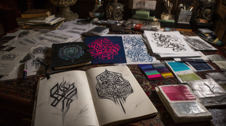 A vibrant art studio workspace featuring calligraphy tools, sketches, colorful papers, and ink on a wooden table, showcasing creativity and artistic expression.の素材