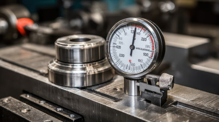 This detailed close-up image features a precision pressure gauge in an industrial workshop setting. The metal parts and tools surround the gauge, showcasing a clear focus on measurement accuracy and quality control in manufacturing processes.の素材