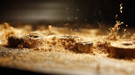 This close-up image captures the essence of woodworking, showcasing flying wood shavings and sparkling coins amid a creative workspace environment.の素材
