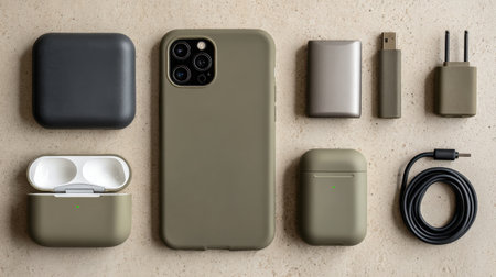 A stylish arrangement of modern mobile accessories showcased on a textured surface. The collection includes a phone case, wireless earbuds, and charging devices, highlighting a blend of functionality and design in neutral tones.の素材