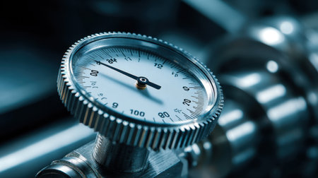 This image showcases a close-up of an industrial pressure gauge, highlighting its dial and needle for precise measurement and calibration in a manufacturing setting.の素材