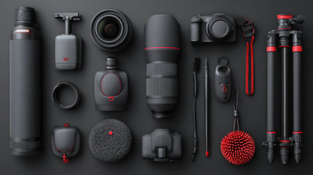 A carefully arranged collection of premium photography equipment displayed on a dark background, showcasing various lenses, cameras, and essential accessories for professionals.の素材