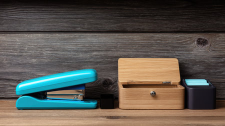 A serene arrangement of essential office tools, featuring a vibrant blue stapler, a wooden storage box, and sticky notes, showcasing a minimalist desk setup.の素材