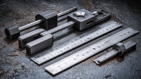 A collection of metal tools and measuring instruments is meticulously arranged on a dark surface, showcasing their industrial design and precision features.の素材