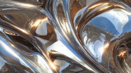 This image features a smooth, reflective metallic surface showcasing dynamic curves and light interplay, creating an abstract visual experience.の素材